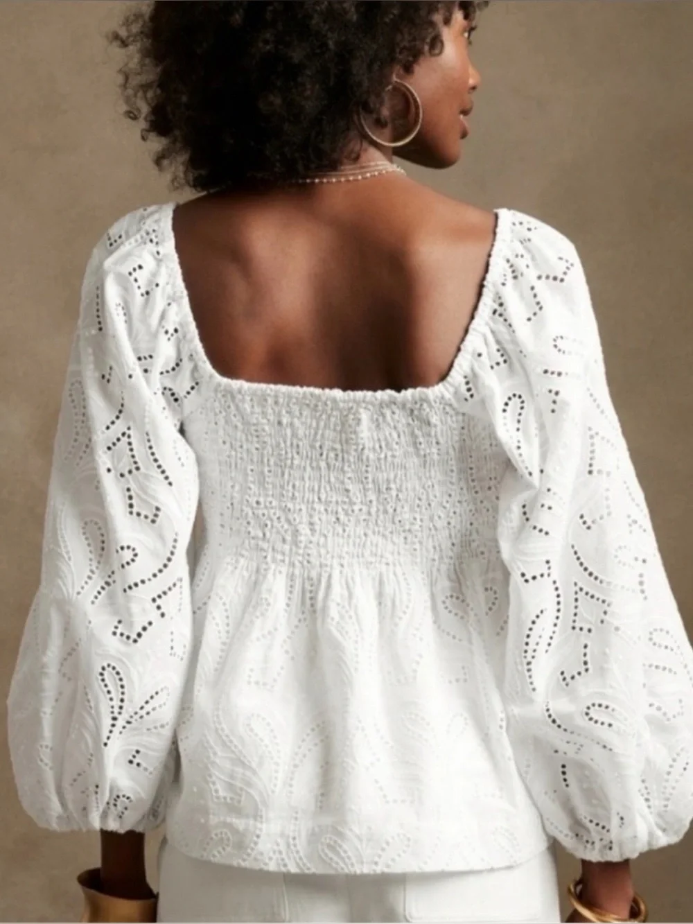 Banana Republic White Eyelet Puff Sleeve Twist Front Blouse Top M